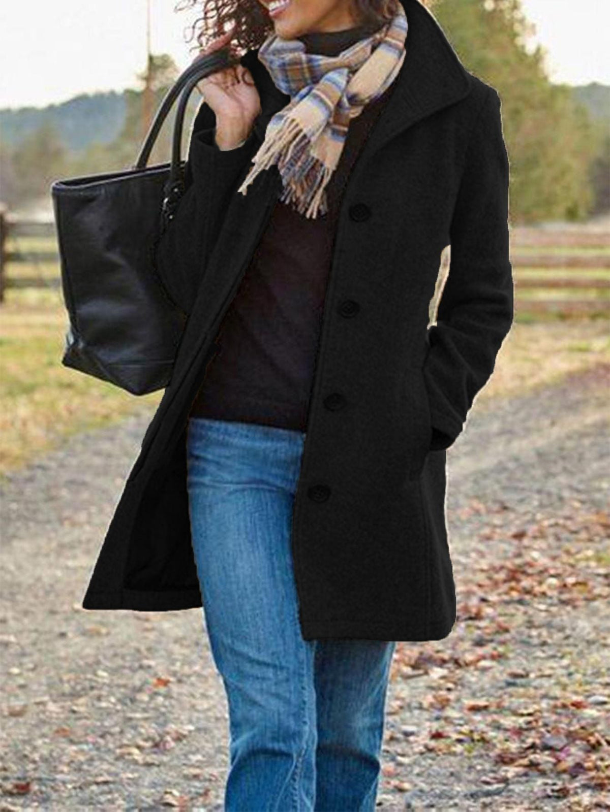 Mid-Length Single-Breasted Coat with Lapels and Side Pockets