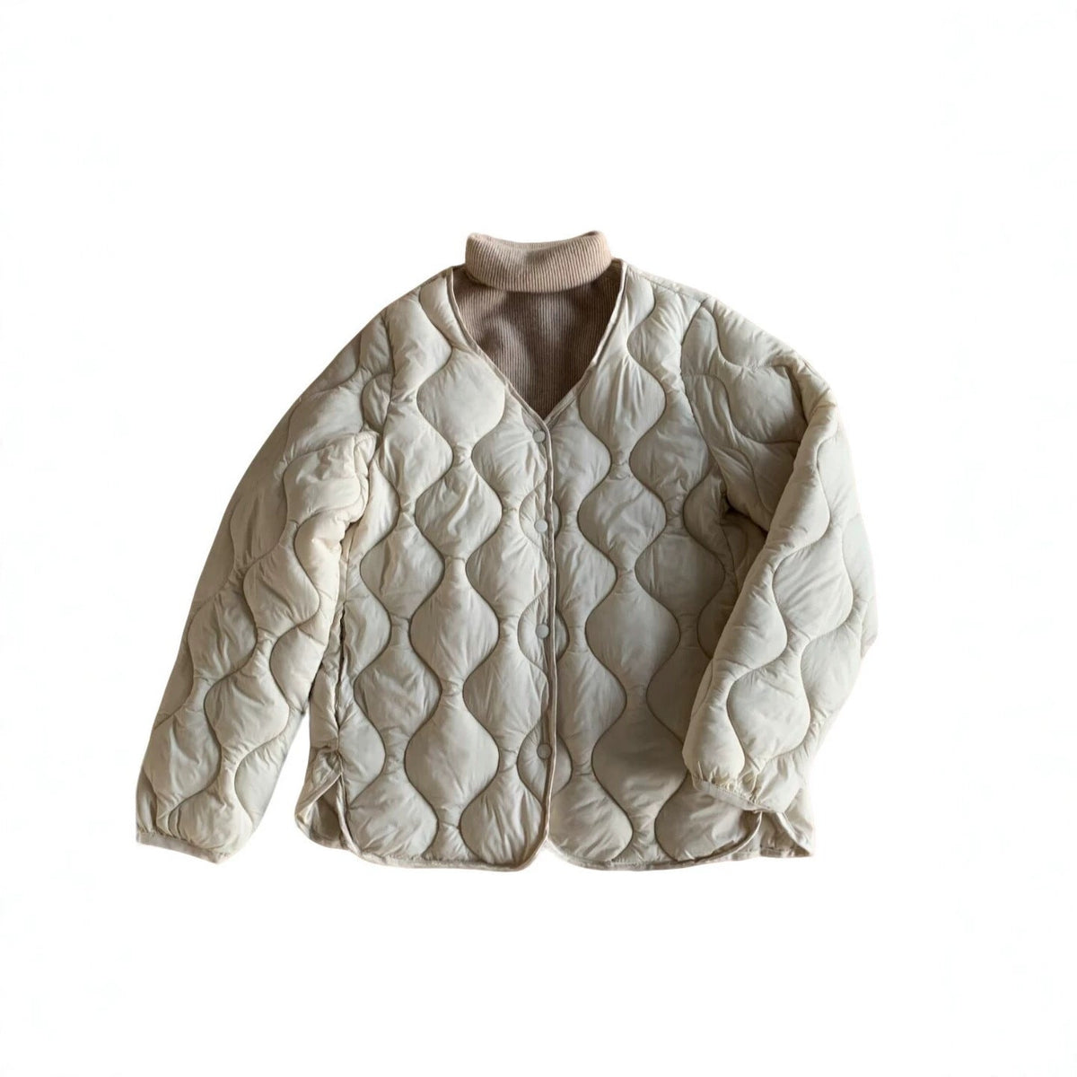 Women's Lightweight Quilted Jacket, Collarless V-Neck, Wave Quilt
