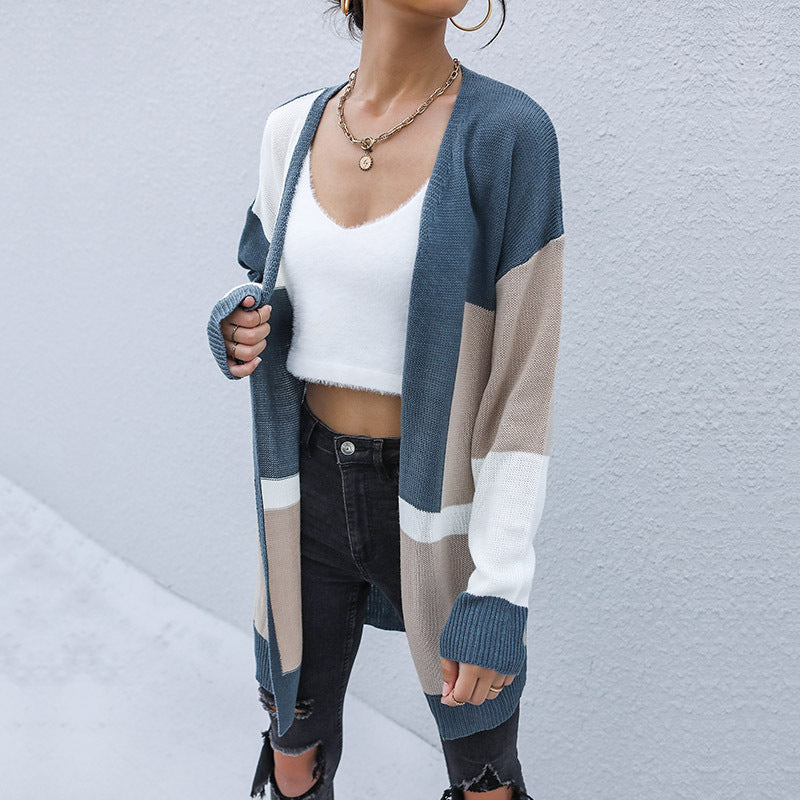 Color Block Open-Front Cardigan with Dropped Shoulders, Longline