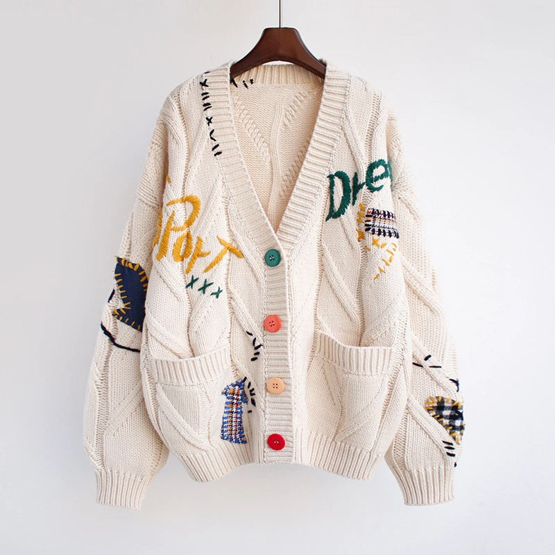 Embroidered Cable Knit Cardigan with Patchwork and Colorful Buttons