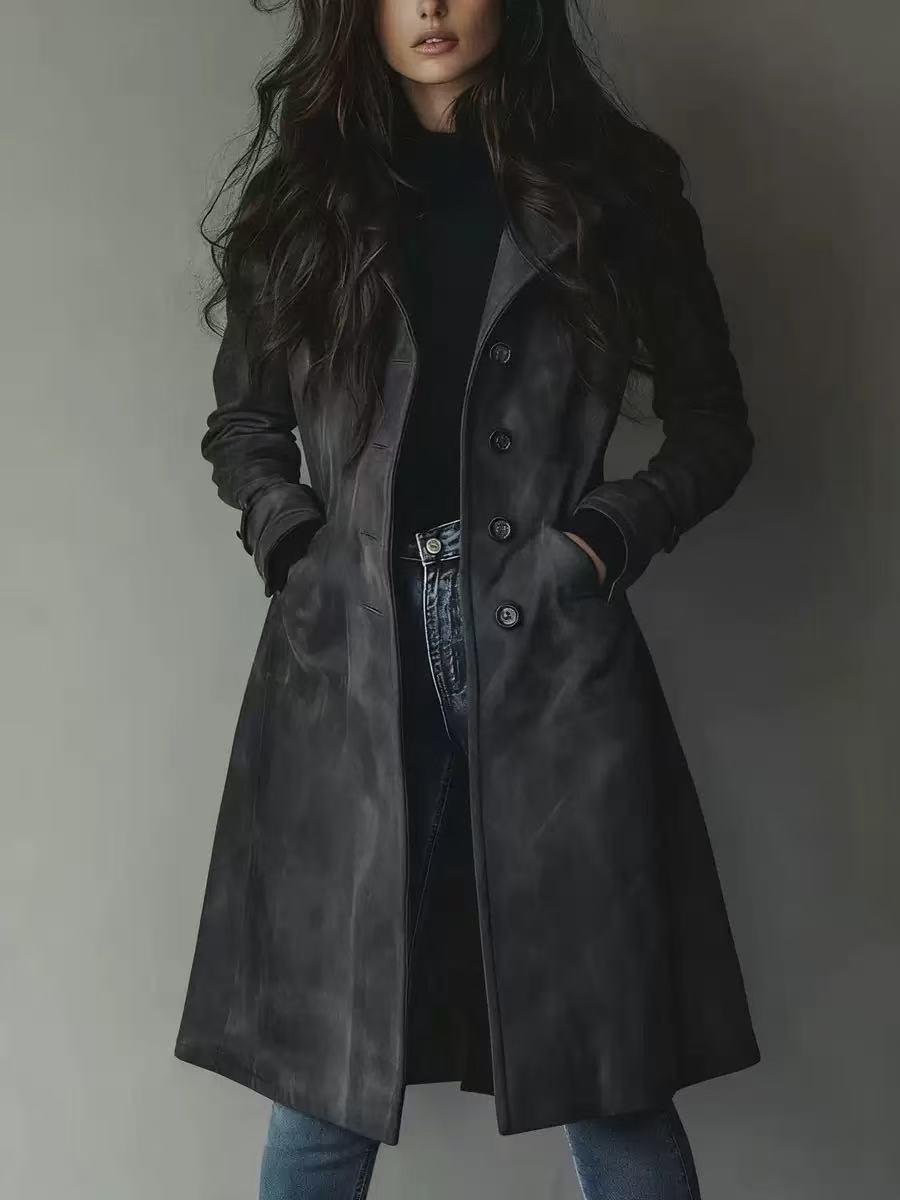 Suede-Effect Trench Coat for Women, Notch Lapel Single-Breasted