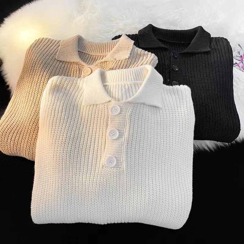Polo Collar Knit Sweater with Button Placket, Women's Jumper