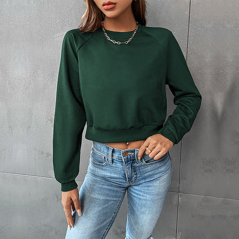 Cropped Raglan Sweatshirt with Crew Neck, Women's Long Sleeve Top