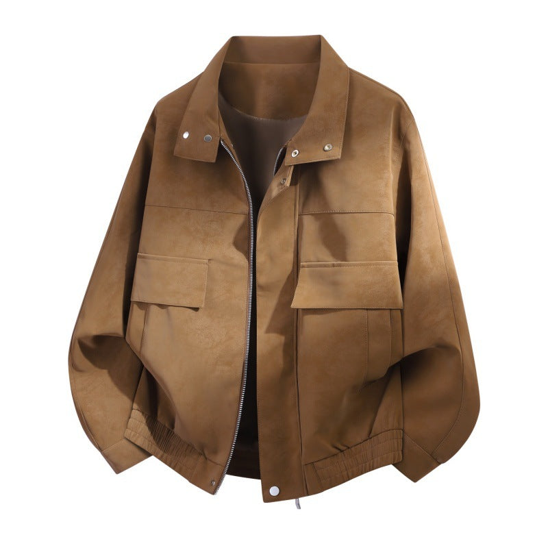 Oversized Suede-Look Jacket with Flap Pockets and Snap Collar