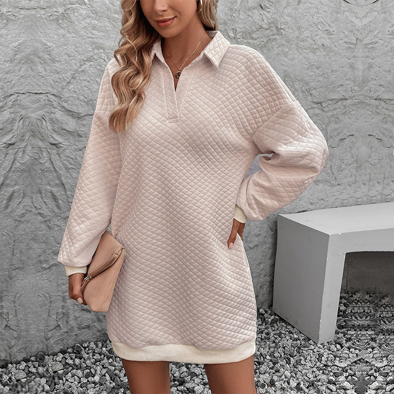 Quilted Sweatshirt Dress with Polo Collar, Oversized Mini