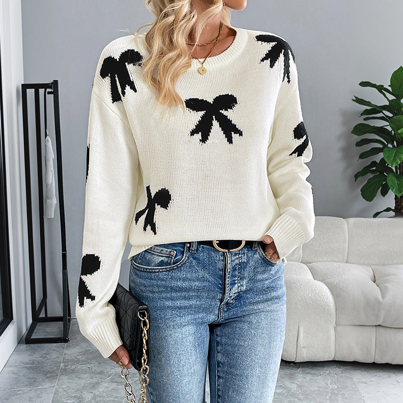 Off-White Bow Sweater with Black Jacquard Bows, Crew Neck Jumper