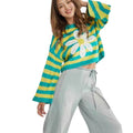 Striped Daisy Sweater with Bell Sleeves, Cropped Women's Jumper