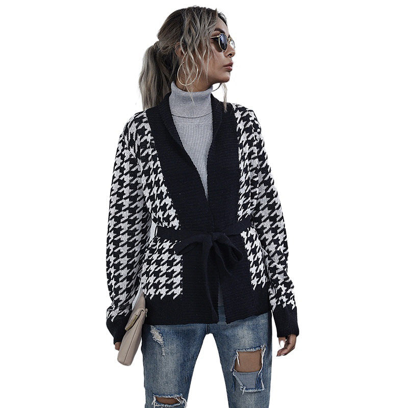 Houndstooth Knit Cardigan with Tie Belt, Open Front, Black and White