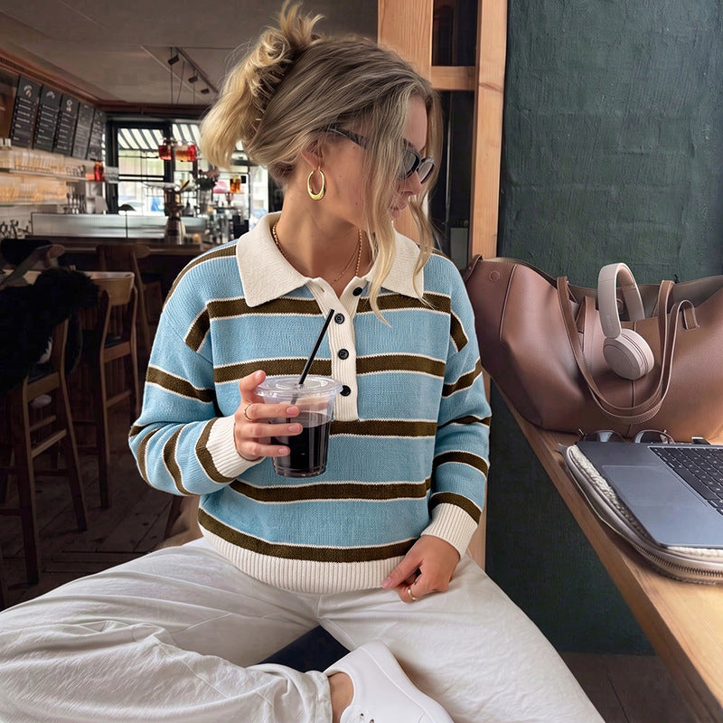Striped Polo Collar Sweater with Half-Button Placket, Women's Jumper