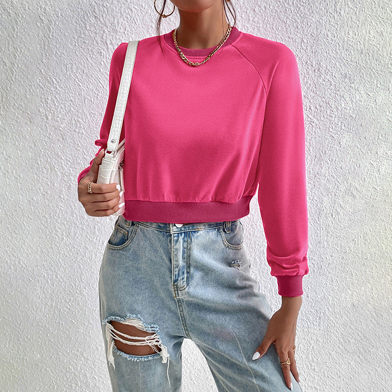 Cropped Raglan Sweatshirt with Crew Neck, Women's Long Sleeve Top