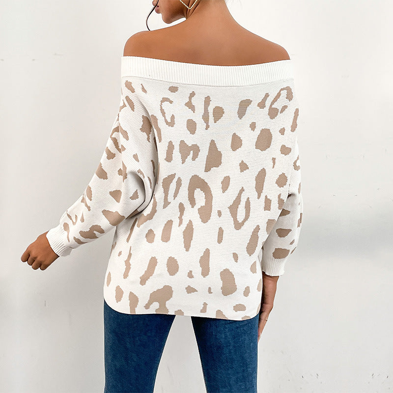 Off-Shoulder Leopard Knit Sweater, Batwing Women's Jumper