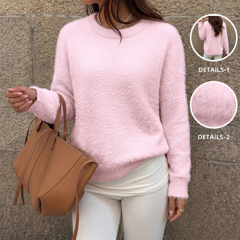 Pink Fluffy Knit Sweater with Wide Neck, Oversized Off-Shoulder Jumper