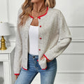 Speckled Knit Cardigan with Heart Buttons and Contrast Trim, Crew Neck