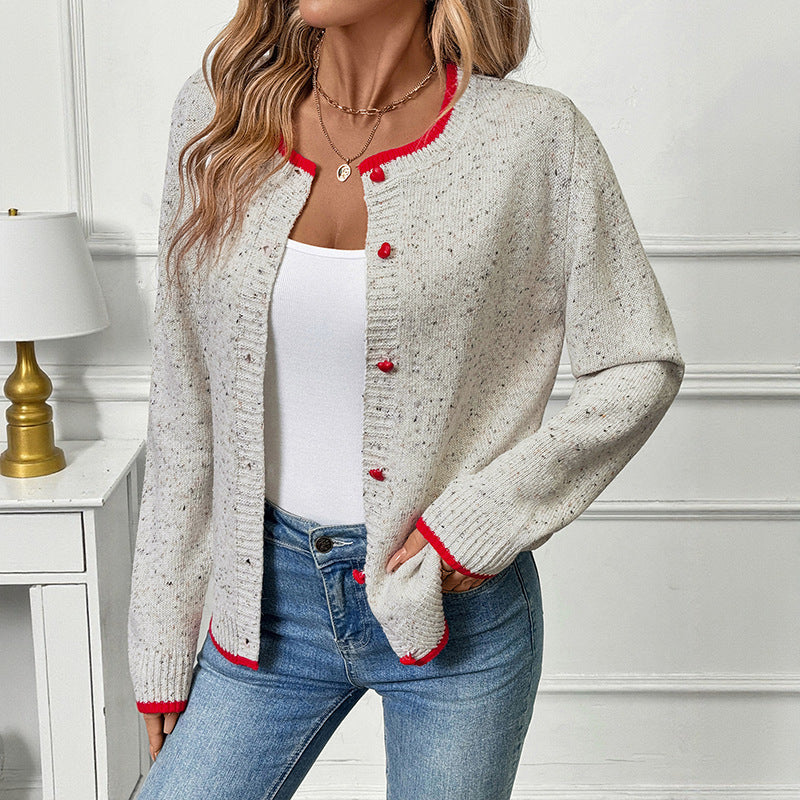 Speckled Knit Cardigan with Heart Buttons and Contrast Trim, Crew Neck