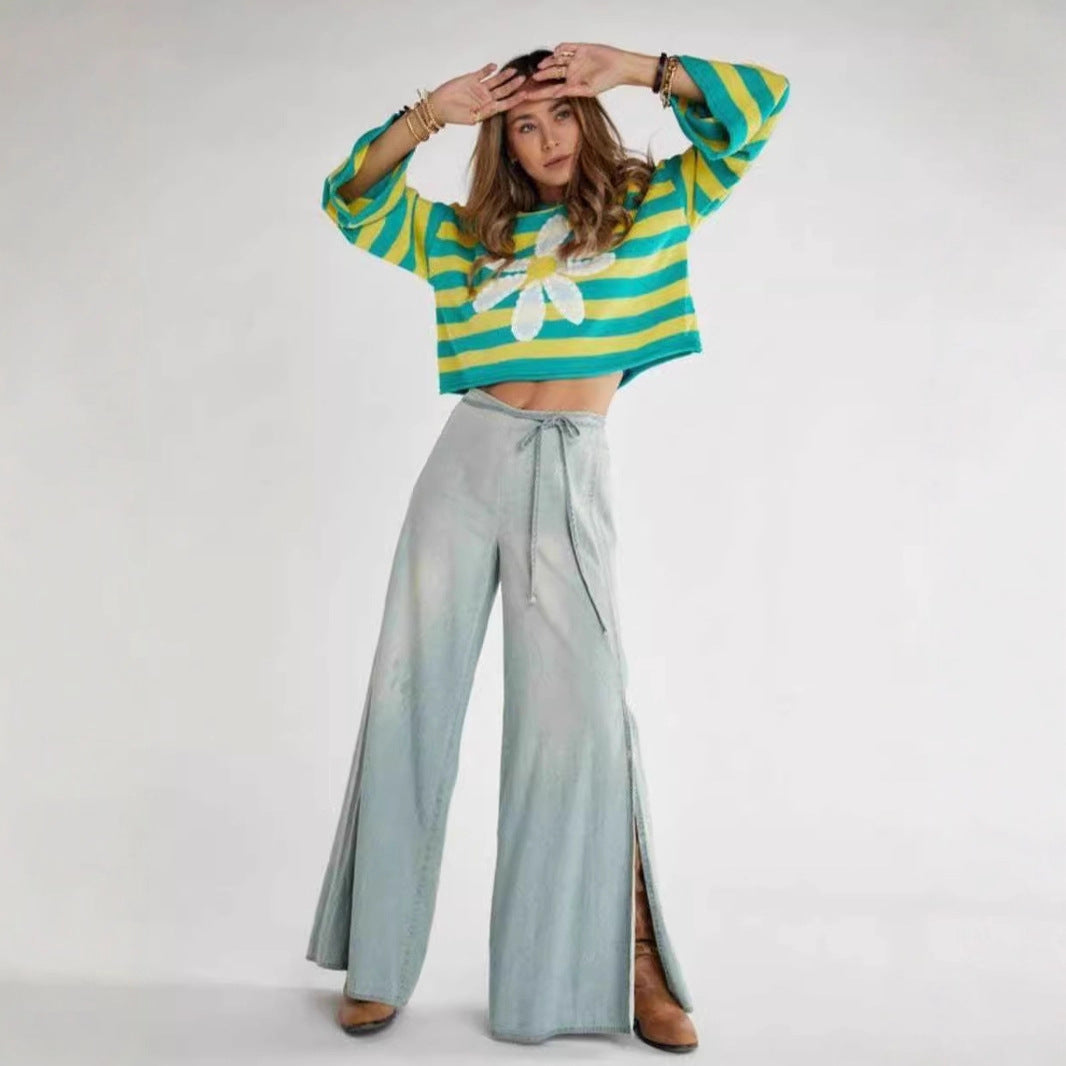 Striped Daisy Sweater with Bell Sleeves, Cropped Women's Jumper
