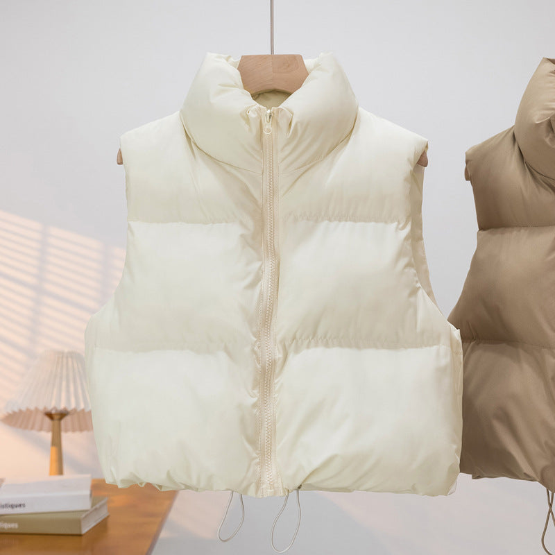 Cropped Puffer Vest with Stand Collar and Drawcord Hem, Women's Gilet