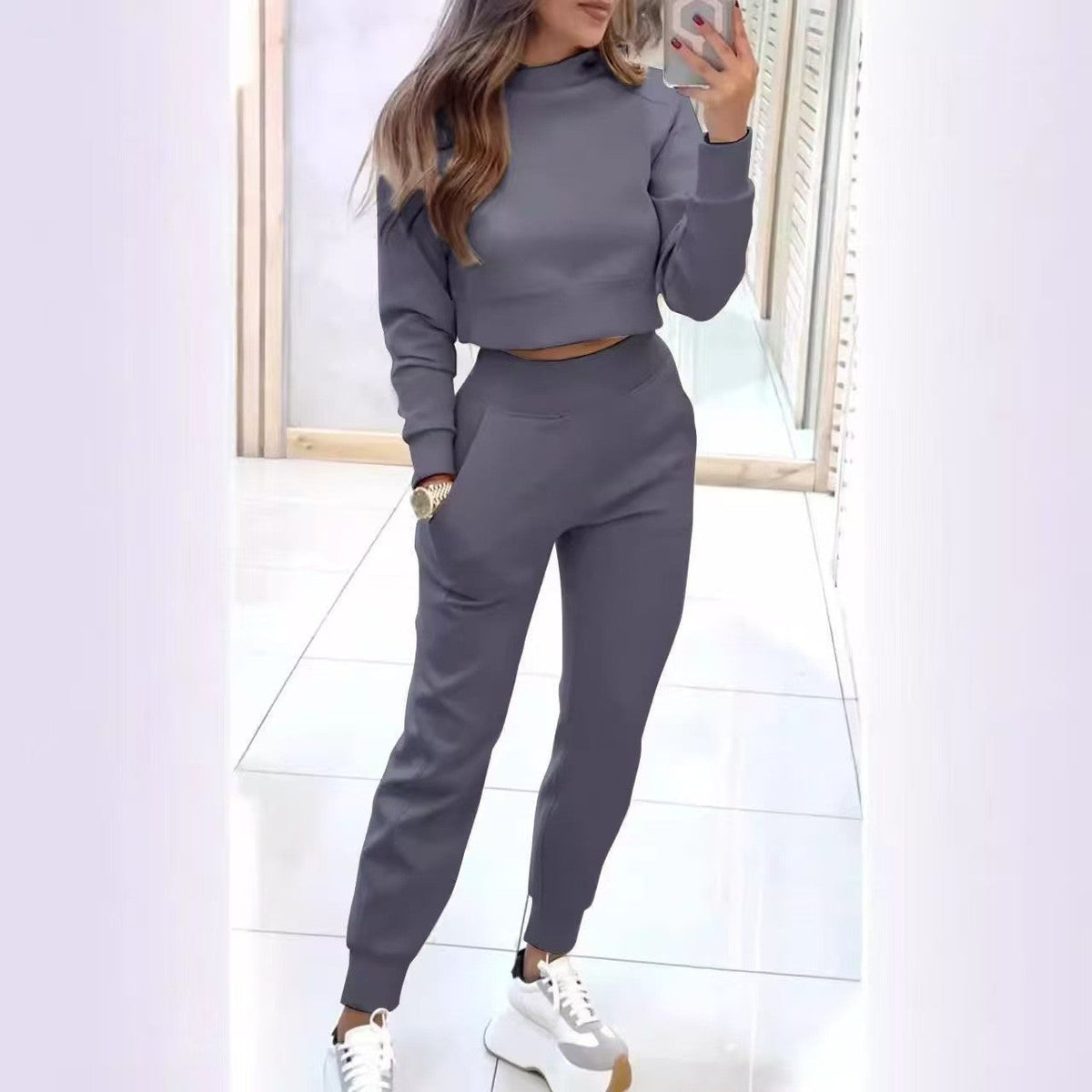 Cropped Sweatshirt and Jogger Pants Set, Women's Tracksuit