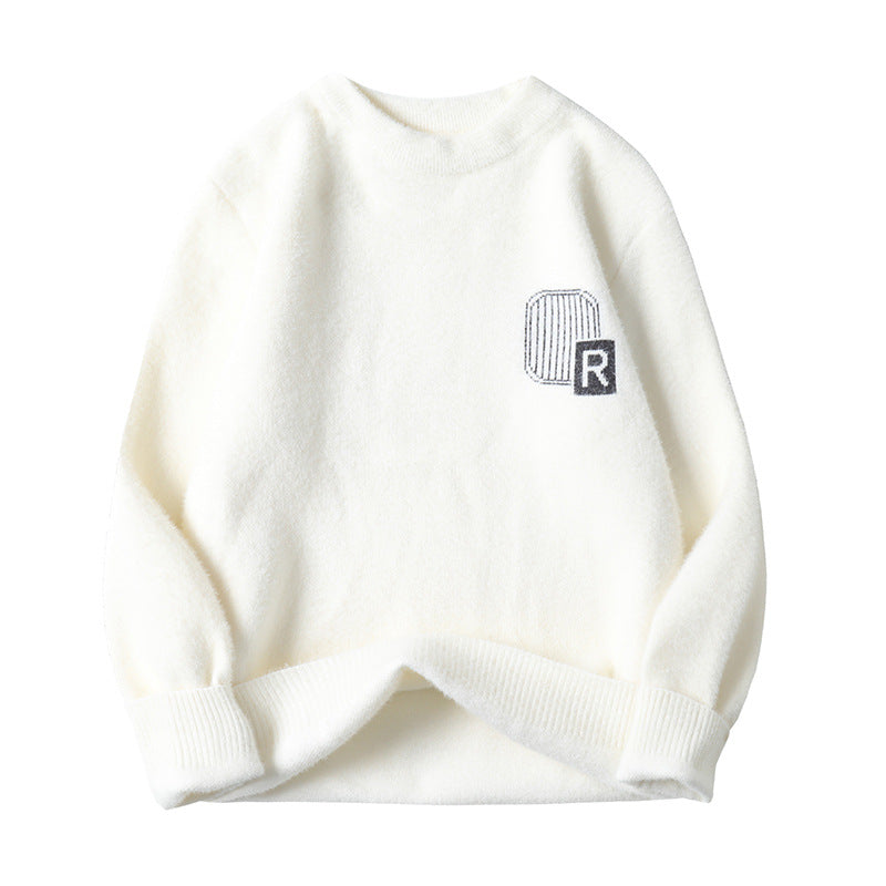 Fuzzy Knit Crew Neck Sweater with Chest Motif, Unisex Jumper