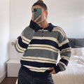Striped Polo Collar Sweater with Button Placket, Relaxed Rugby Jumper