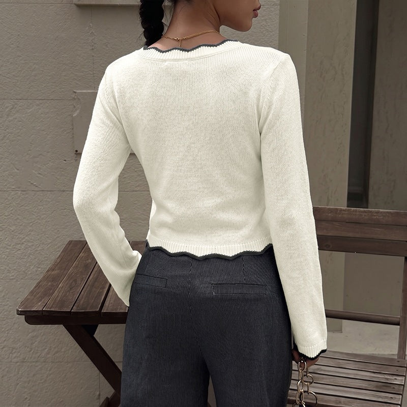 Scalloped V-Neck Sweater with Contrast Trim, Cropped Women's Jumper