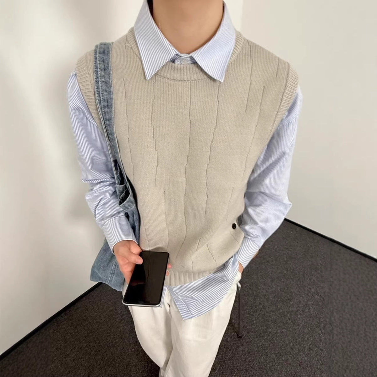 Men's Ribbed Sweater Vest with Side Buttons, Knitted Tank Top