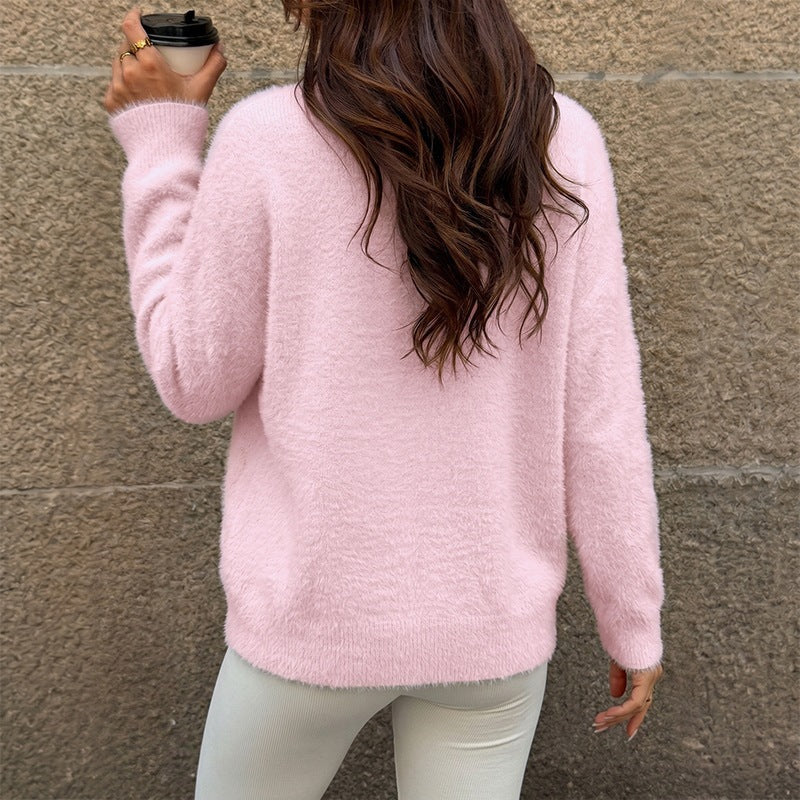 Pink Fluffy Knit Sweater with Wide Neck, Oversized Off-Shoulder Jumper