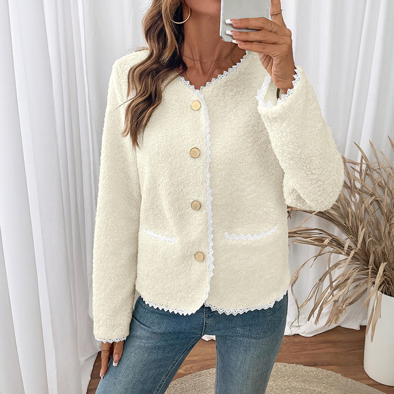 Off-White Fleece Cardigan Jacket with Lace Trim and Gold Buttons