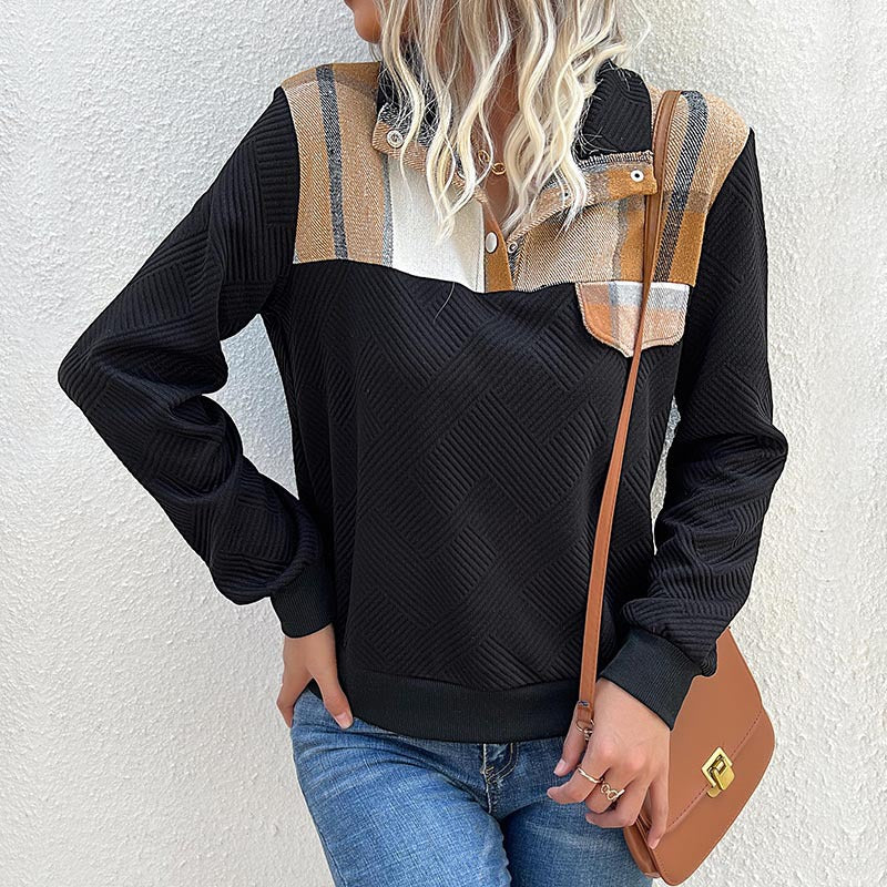 Plaid Yoke Sweatshirt with Snap Collar and Check Chest Flap