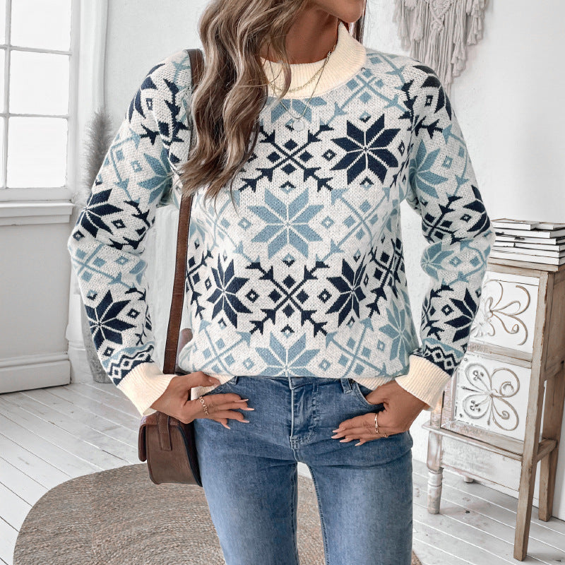 Nordic Snowflake Jacquard Sweater with Crew Neck, Women's Jumper
