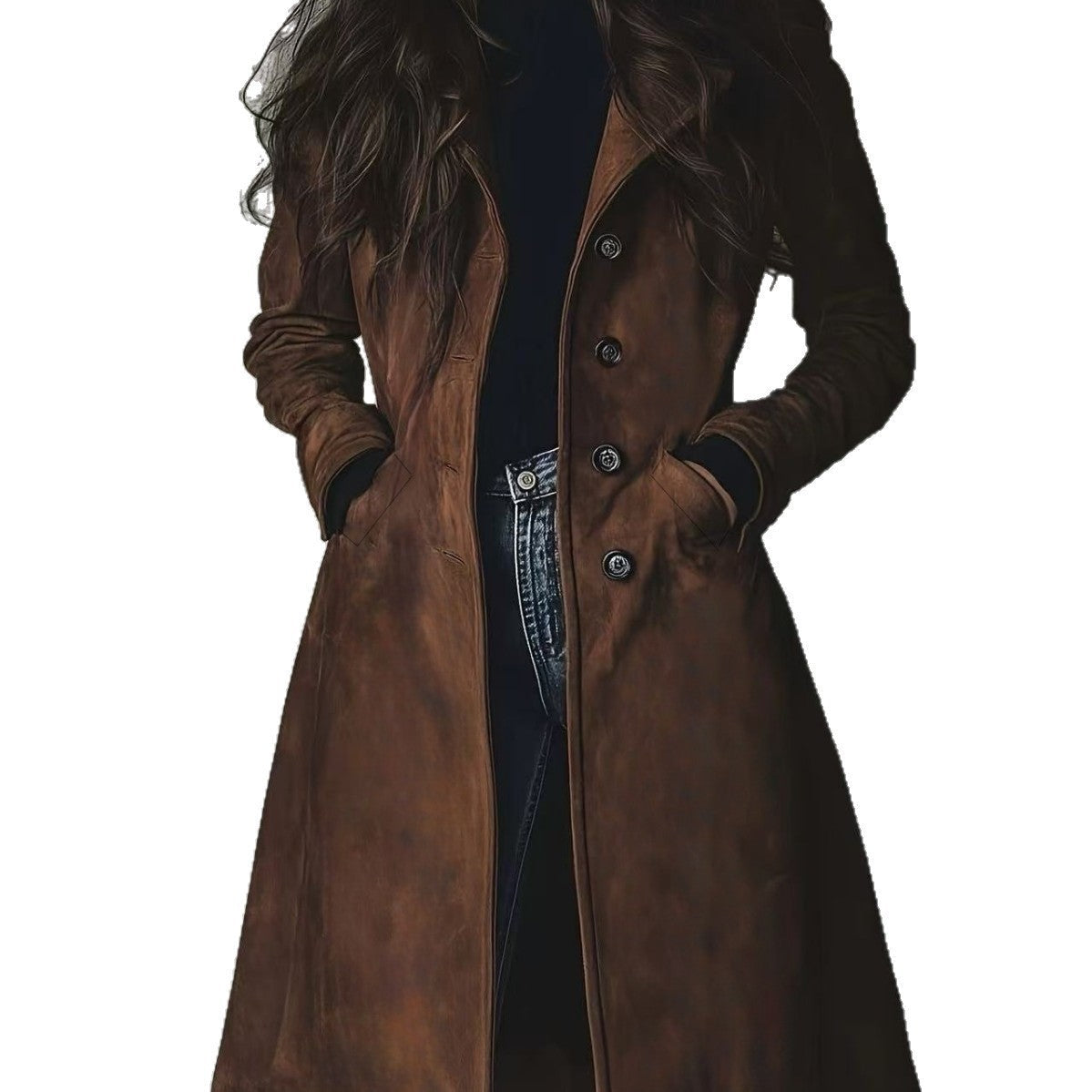 Suede-Effect Trench Coat for Women, Notch Lapel Single-Breasted