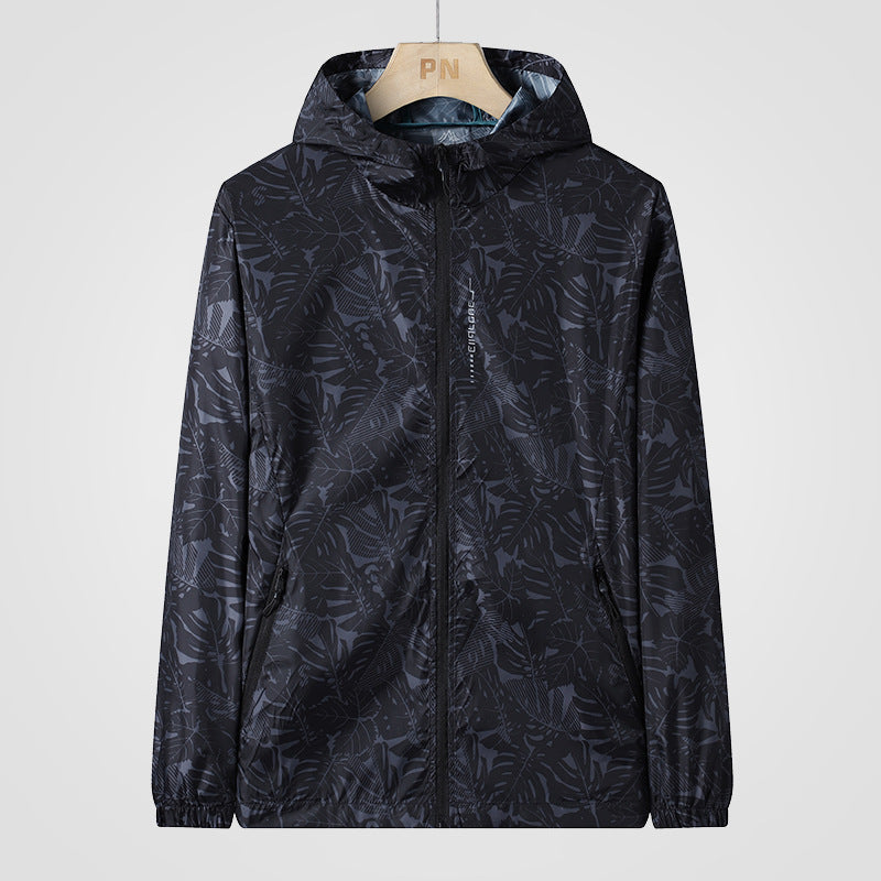 Lightweight Hooded Windbreaker With a Leaf Print, Unisex Cagoule