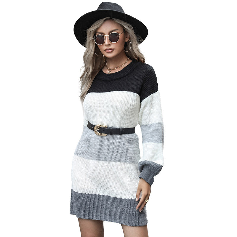 Color Block Sweater Dress with Wide Ribbed Hem, Women's Jumper Dress