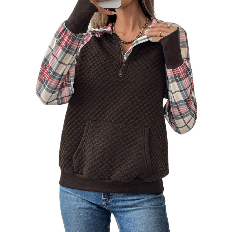 Quilted Quarter-Zip Sweatshirt with Plaid Sleeves and Stand Collar