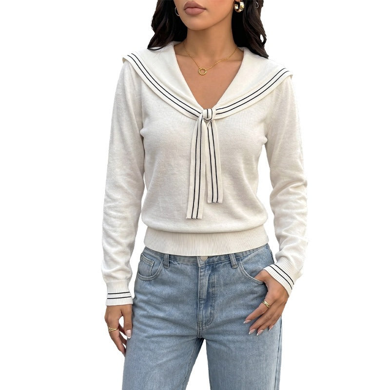 White Sailor Collar Sweater with Striped Tie Neck, Slim Knit Jumper