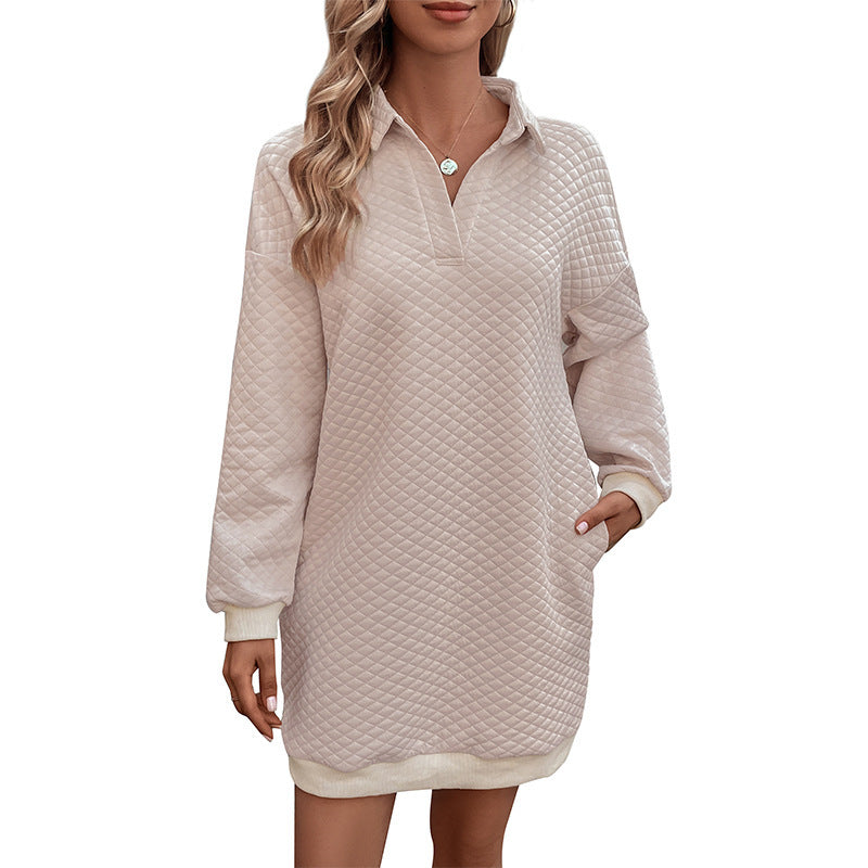 Quilted Sweatshirt Dress with Polo Collar, Oversized Mini
