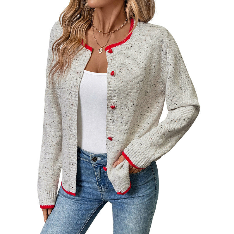 Speckled Knit Cardigan with Heart Buttons and Contrast Trim, Crew Neck