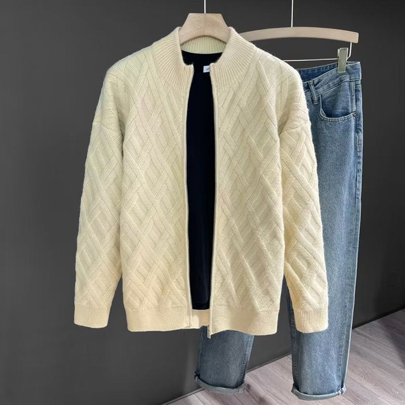 Men's Zip-Up Cardigan with Lattice Knit, Stand Collar Sweater Jacket