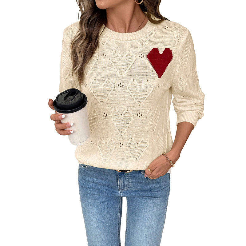 Apricot Heart Knit Sweater with Red Heart Motif, Women's Jumper