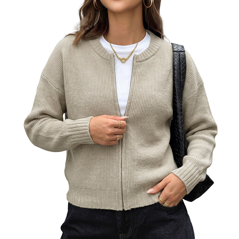 Khaki Zip-Front Knit Cardigan with Ribbed Crew Neck, Relaxed Bomber