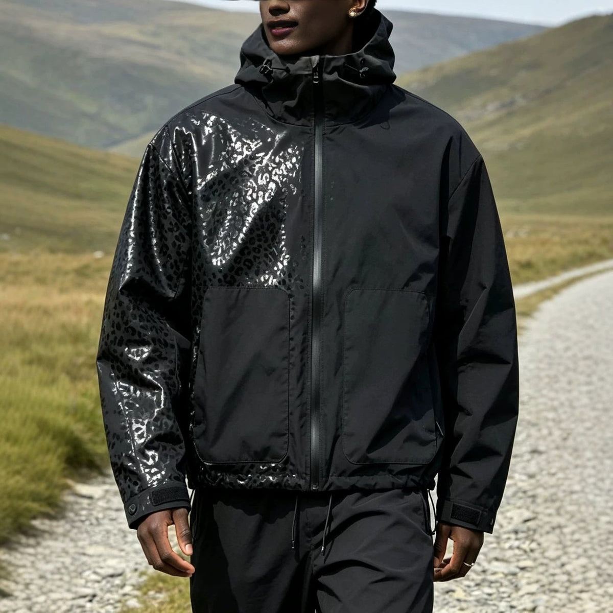 Men's Hooded Windbreaker Jacket with Leopard Print Panel, Zip Front