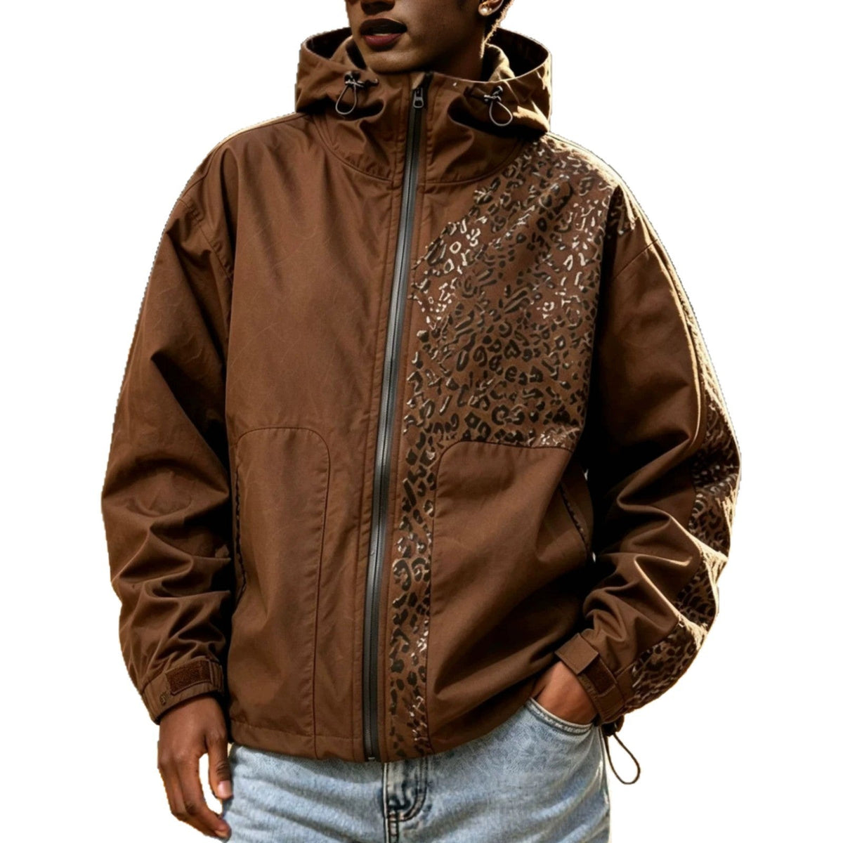 Men's Hooded Windbreaker Jacket with Leopard Print Panel, Zip Front