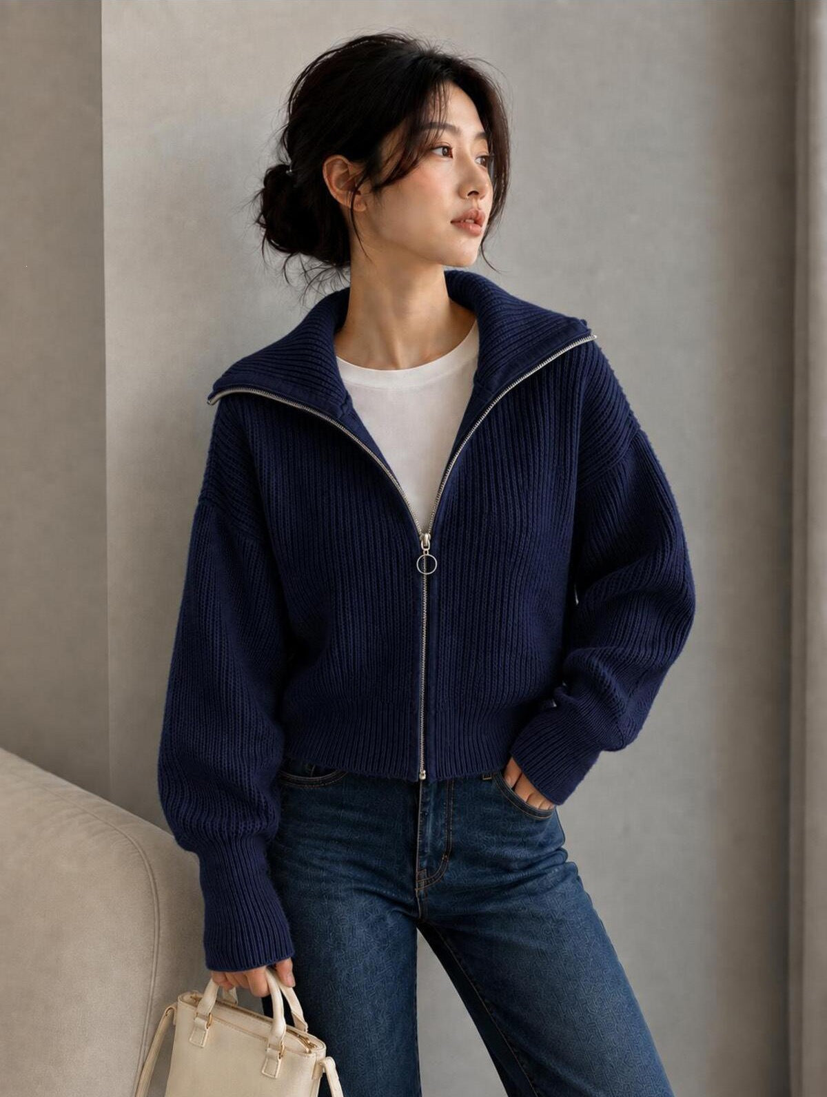 Zip-Up Rib Knit Cardigan with Oversized Collar, Cropped Fit