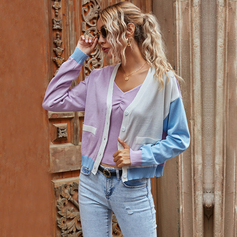 Color Block V-Neck Cardigan with Front Pockets, Lilac and Blue