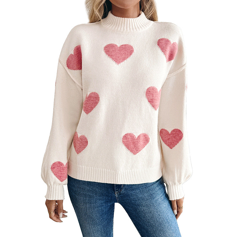 Light Pink Heart Sweater with Mock Neck and Balloon Sleeves, Jumper