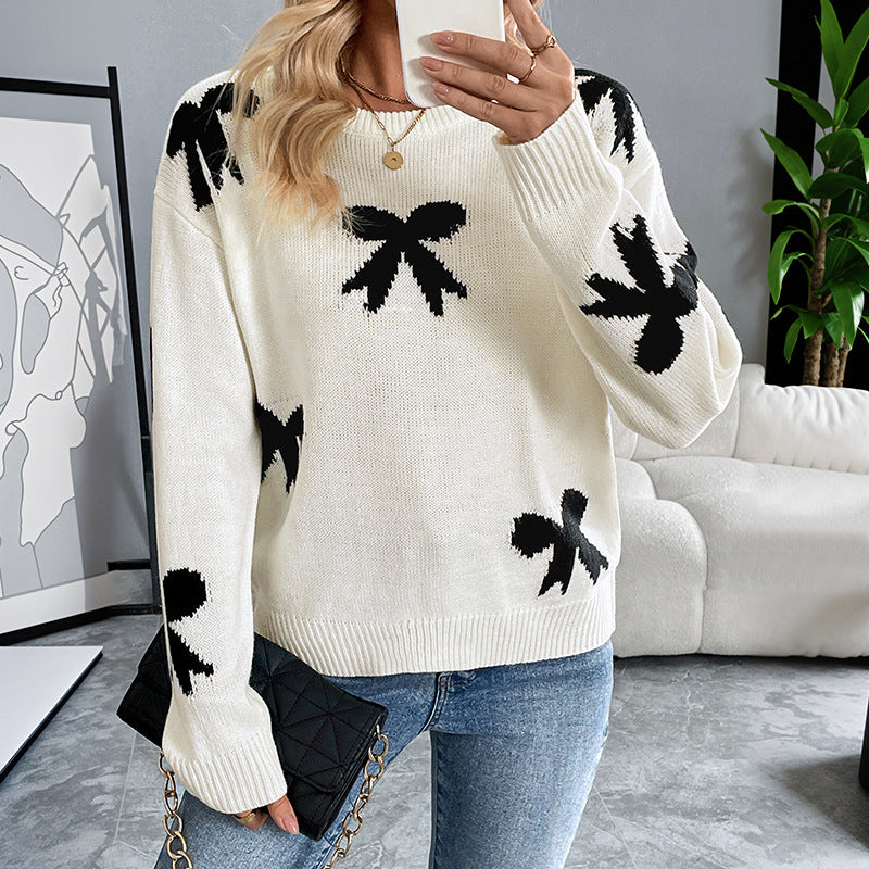 Off-White Bow Sweater with Black Jacquard Bows, Crew Neck Jumper