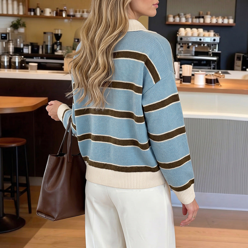 Striped Polo Collar Sweater with Half-Button Placket, Women's Jumper