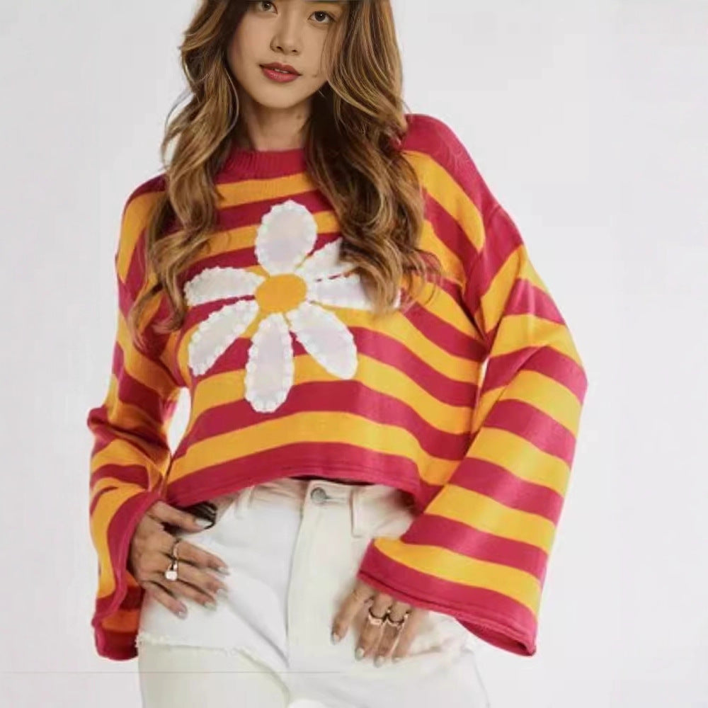Striped Daisy Sweater with Bell Sleeves, Cropped Women's Jumper