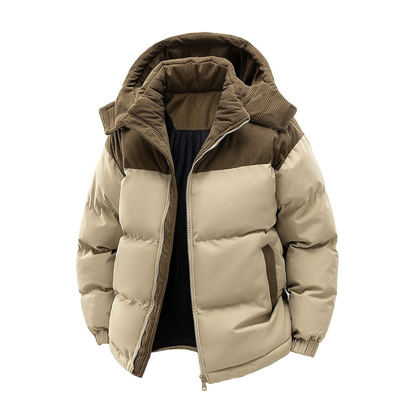 Padded Puffer Jacket With a Detachable Corduroy Hood and Yoke