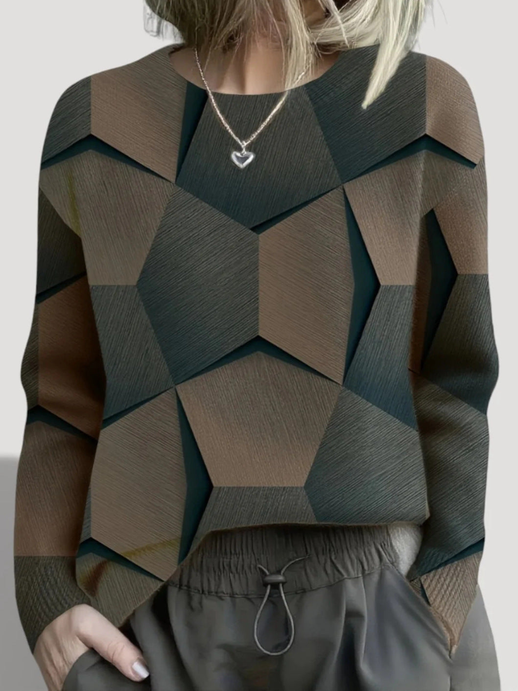 Geometric Pattern Sweater with 3D Facet Effect, Women's Jumper