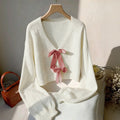 Ivory Cropped V-Neck Sweater with Satin Bows, Women's Jumper